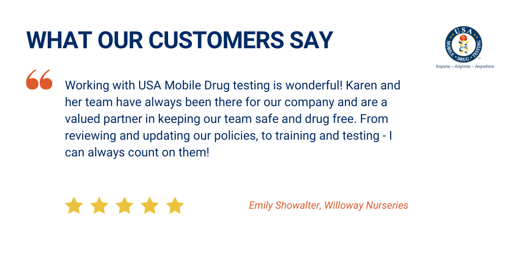 Here at USA Mobile Drug Testing of Northeast Ohio, we are extremely thankful for the tremendous group of customers that we have the honor and pleasure of working with. Our partnerships with our customers go well beyond “just” conducting drug testing. See testimonials from our satisfied customers here!